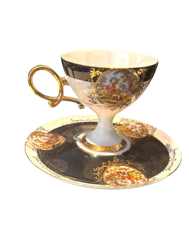 Elegant Vintage Shafford Gold and Black Teacup with Saucer