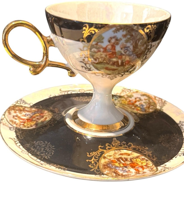 Elegant Vintage Shafford Gold and Black Teacup with Saucer