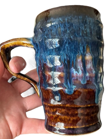 Handcrafted  Handmade Glazed Pottery Blue and Brown Ceramic Mug