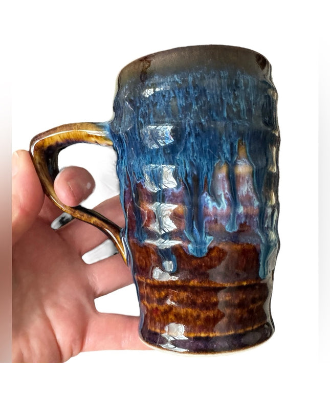 Handcrafted  Handmade Glazed Pottery Blue and Brown Ceramic Mug