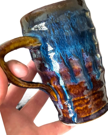 Handcrafted  Handmade Glazed Pottery Blue and Brown Ceramic Mug