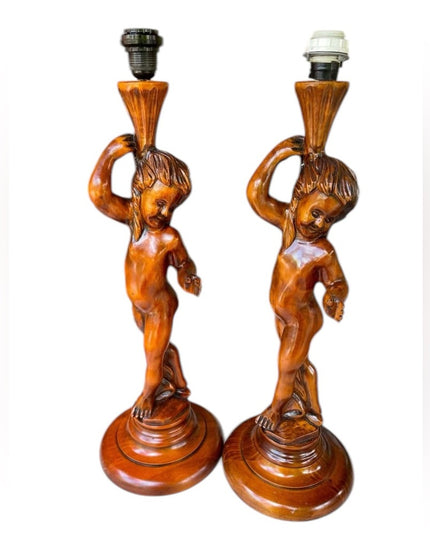 Vintage Hand Carved Wood  Italy Italian Cherub Table Lamps
