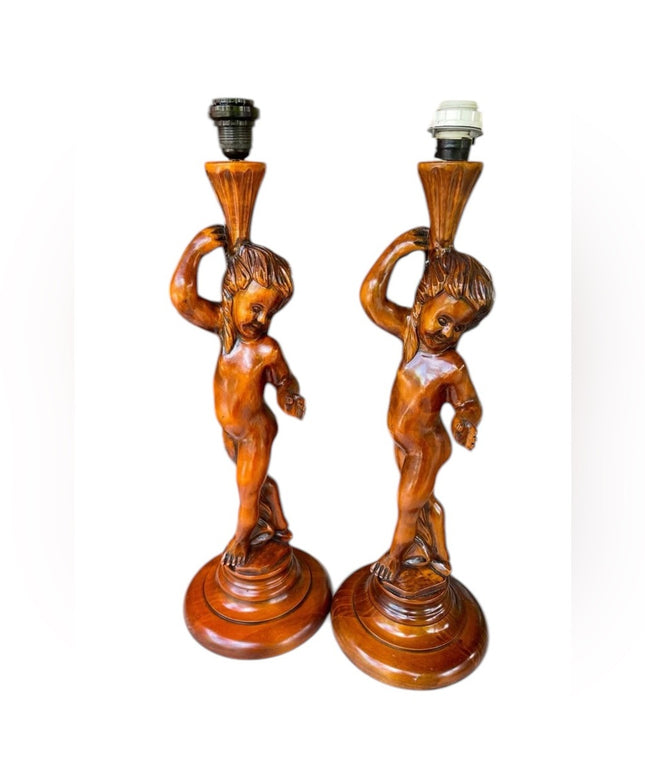 Vintage Hand Carved Wood  Italy Italian Cherub Table Lamps