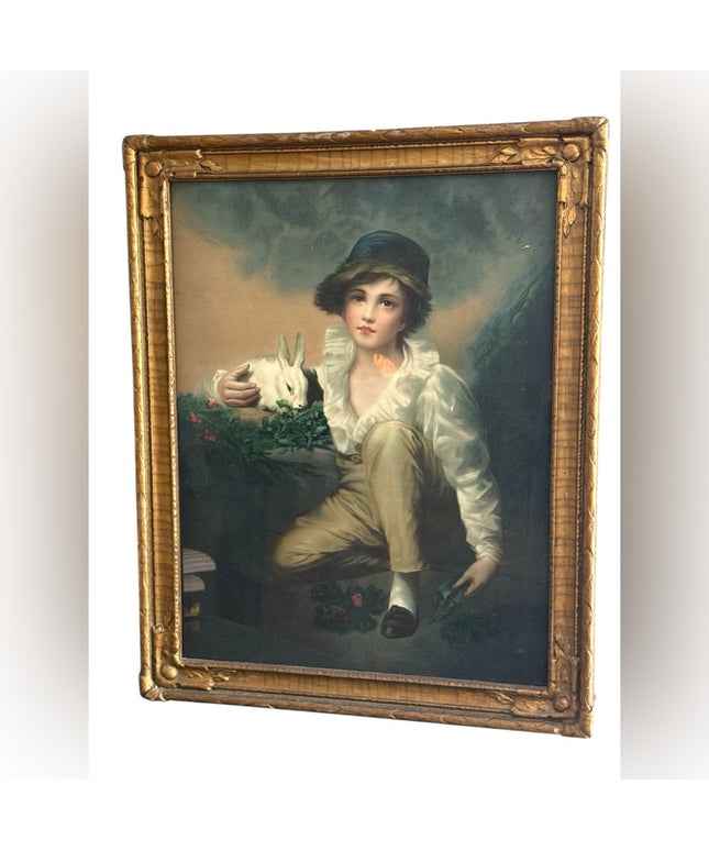 Antique Boy With Rabbit Wood Framed gold gilt Print picture wall hanging