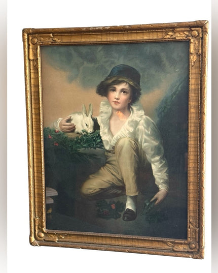 Antique Boy With Rabbit Wood Framed gold gilt Print picture wall hanging