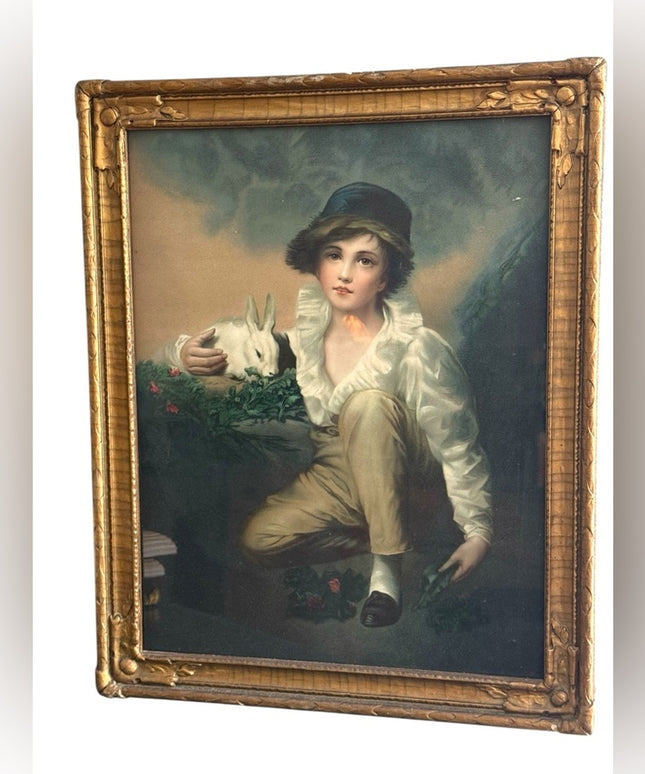 Antique Boy With Rabbit Wood Framed gold gilt Print picture wall hanging