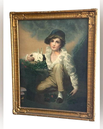 Antique Boy With Rabbit Wood Framed gold gilt Print picture wall hanging