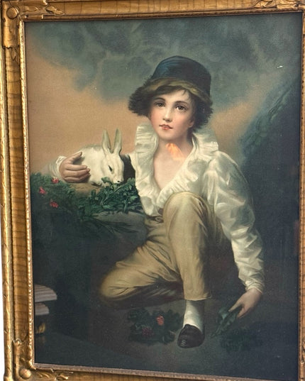 Antique Boy With Rabbit Wood Framed gold gilt Print picture wall hanging