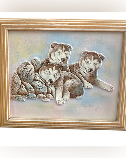 Framed 1980s Vintage Mary Ramsey 3D  Husky Dog Art Painting
