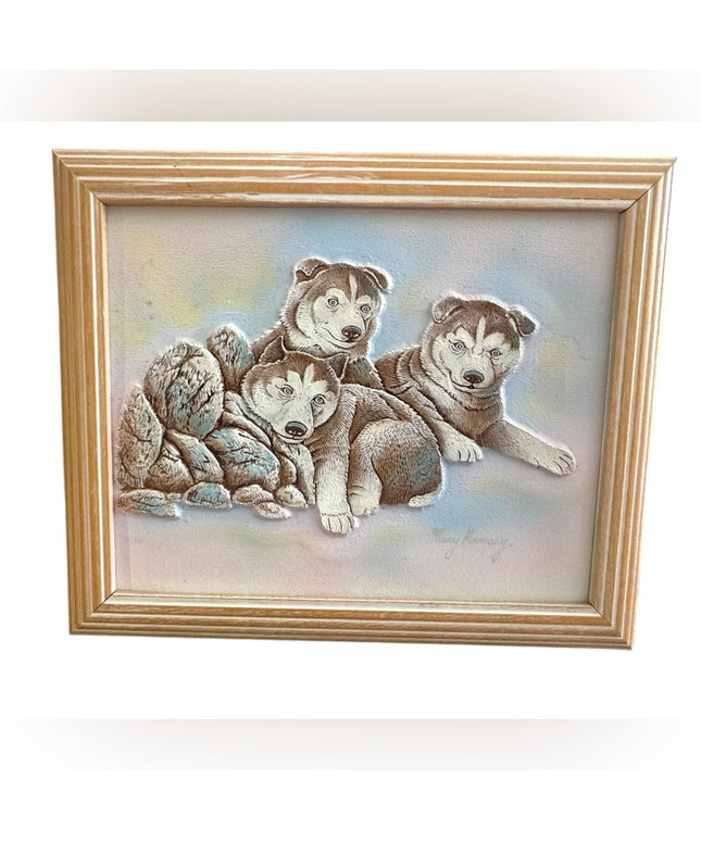 Framed 1980s Vintage Mary Ramsey 3D  Husky Dog Art Painting