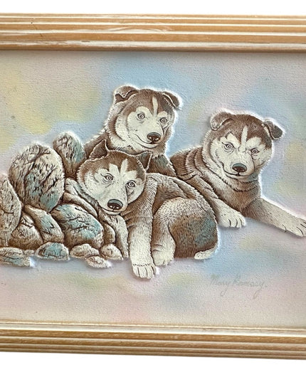 Framed 1980s Vintage Mary Ramsey 3D  Husky Dog Art Painting