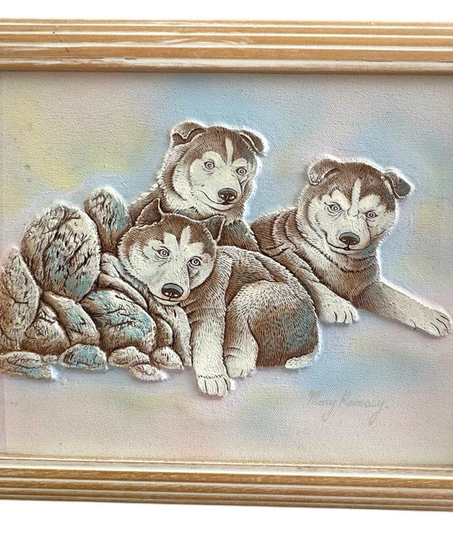 Framed 1980s Vintage Mary Ramsey 3D  Husky Dog Art Painting