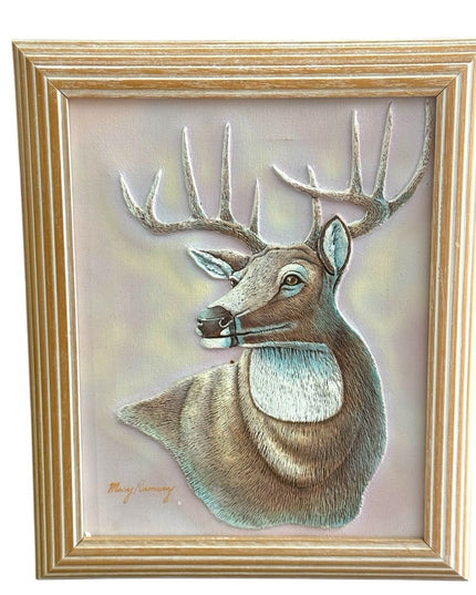 Vintage Mary Ramsey 3D Art Painting Deer Embossed Wall Art in white wash  Frame