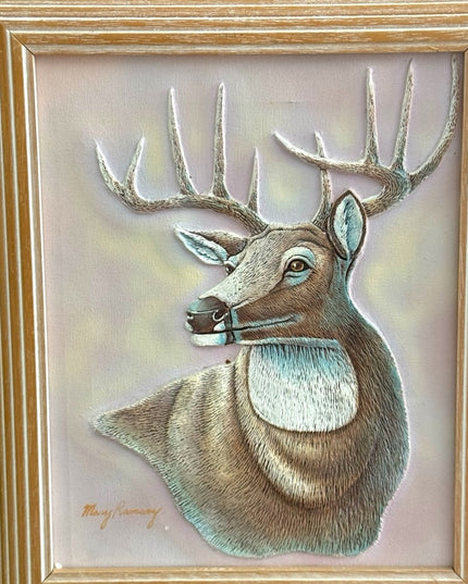 Vintage Mary Ramsey 3D Art Painting Deer Embossed Wall Art in white wash  Frame