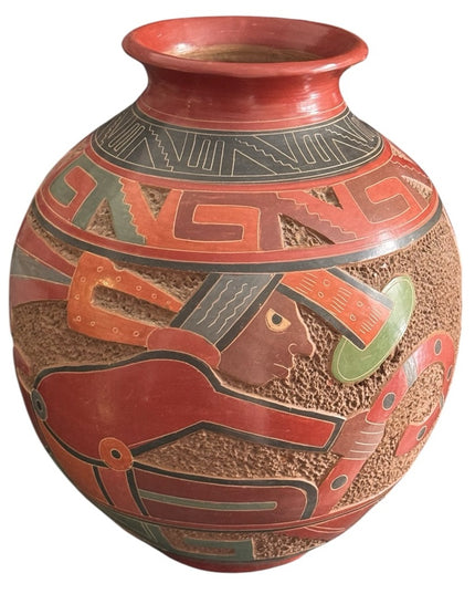 Vintage 1970s Handmade Pottery Large Terracotta Vase Aztec Mayan Design Mexico
