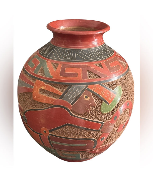 Vintage 1970s Handmade Pottery Large Terracotta Vase Aztec Mayan Design Mexico