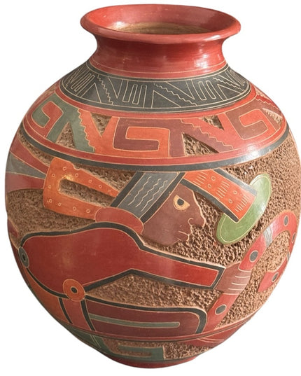 Vintage 1970s Handmade Pottery Large Terracotta Vase Aztec Mayan Design Mexico