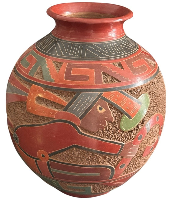 Vintage 1970s Handmade Pottery Large Terracotta Vase Aztec Mayan Design Mexico