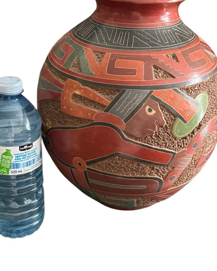 Vintage 1970s Handmade Pottery Large Terracotta Vase Aztec Mayan Design Mexico