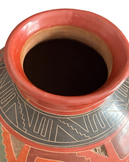 Vintage 1970s Handmade Pottery Large Terracotta Vase Aztec Mayan Design Mexico