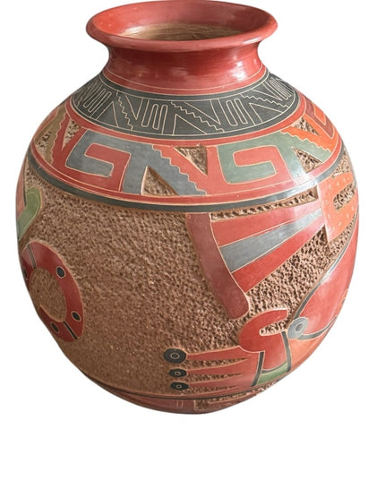 Vintage 1970s Handmade Pottery Large Terracotta Vase Aztec Mayan Design Mexico