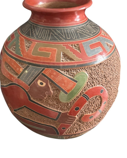 Vintage 1970s Handmade Pottery Large Terracotta Vase Aztec Mayan Design Mexico