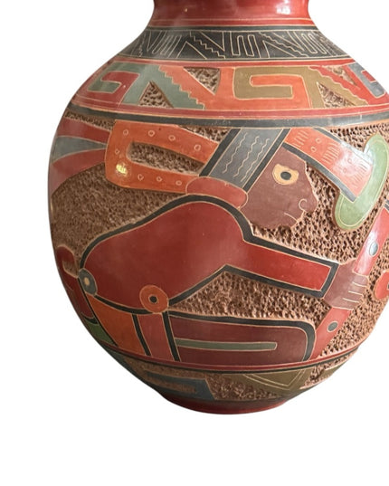 Vintage 1970s Handmade Pottery Large Terracotta Vase Aztec Mayan Design Mexico