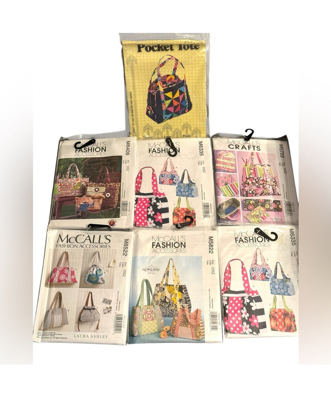 NEW UNCUT 7 pc Tote Bag Purse Sewing patterns LOT