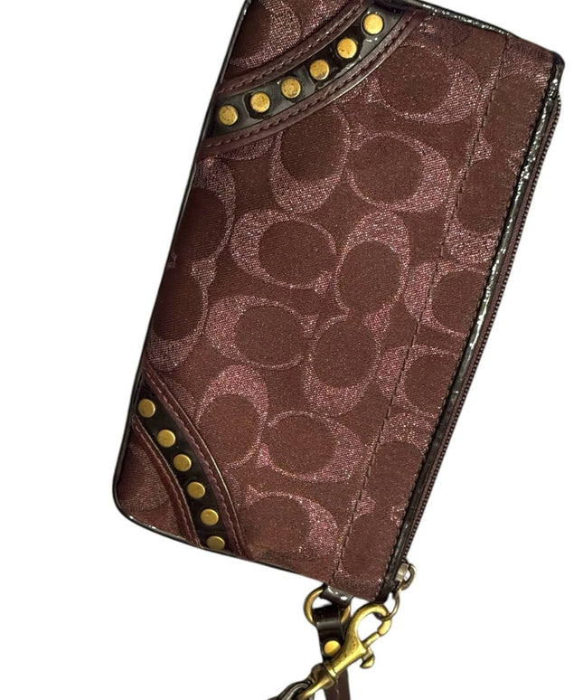 Brown COACH fancy Iconic LOGO Wristlet with Gold Accents