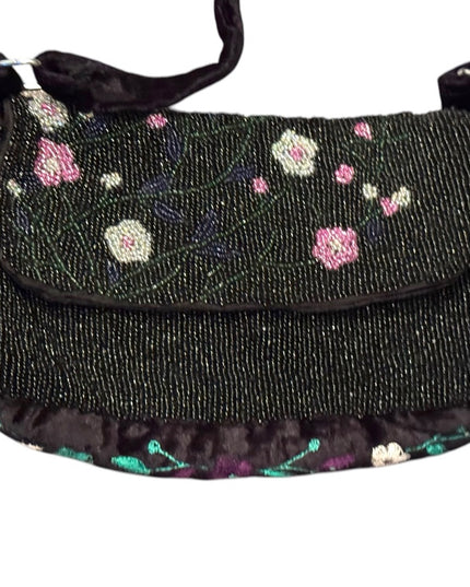 Vintage Velvet Handmade Floral Embellished Black micro beaded Shoulder Bag