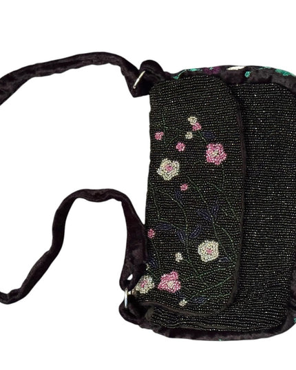 Vintage Velvet Handmade Floral Embellished Black micro beaded Shoulder Bag
