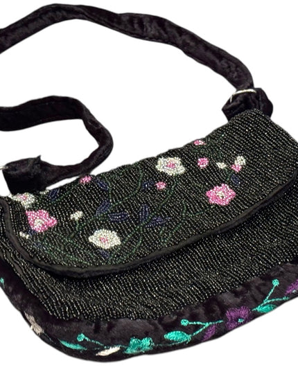 Vintage Velvet Handmade Floral Embellished Black micro beaded Shoulder Bag