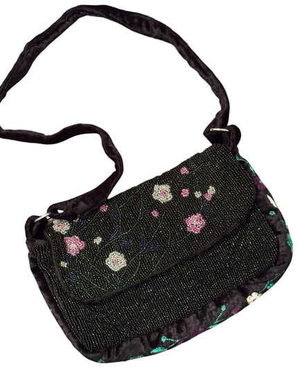 Vintage Velvet Handmade Floral Embellished Black micro beaded Shoulder Bag