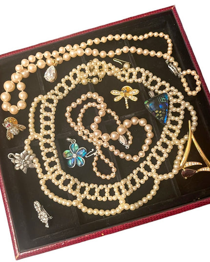 Lot Vintage Faux pearl jewelry pendants rhinestones bug brooches necklac…