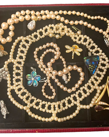Lot Vintage Faux pearl jewelry pendants rhinestones bug brooches necklac…