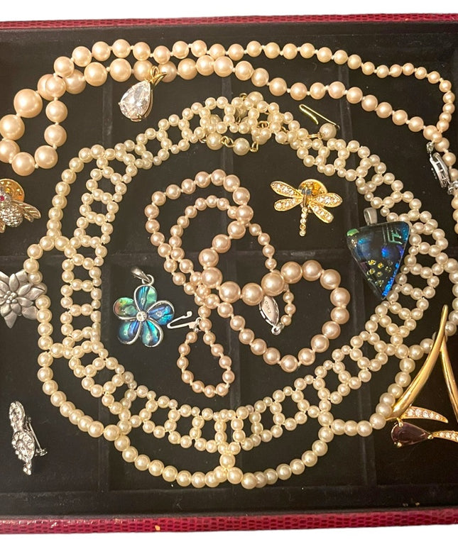 Lot Vintage Faux pearl jewelry pendants rhinestones bug brooches necklac…