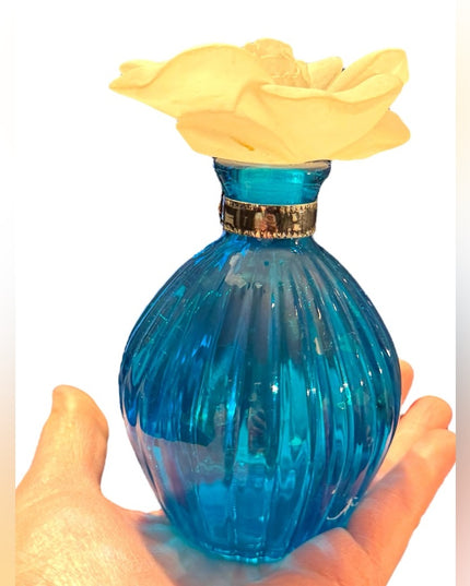 Elegant Blue Glass Perfume bottle with large Cream Flower Accent top