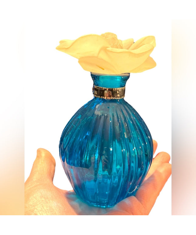 Elegant Blue Glass Perfume bottle with large Cream Flower Accent top