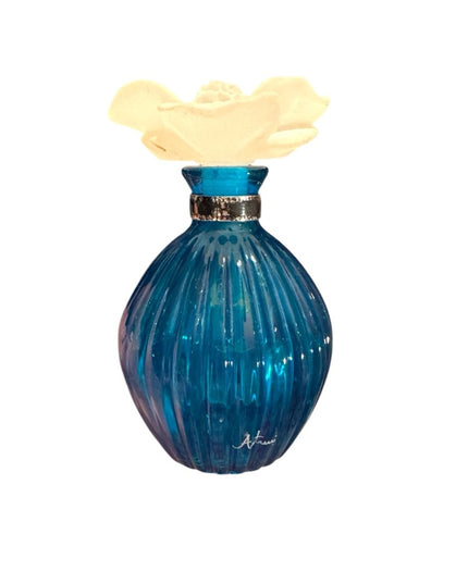 Elegant Blue Glass Perfume bottle with large Cream Flower Accent top