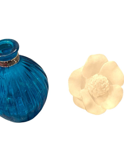 Elegant Blue Glass Perfume bottle with large Cream Flower Accent top