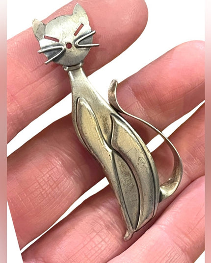 Vintage Mid Century Beau Sterling antiqued brushed Kitty cat brooch