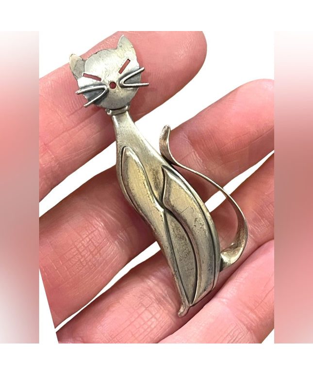 Vintage Mid Century Beau Sterling antiqued brushed Kitty cat brooch