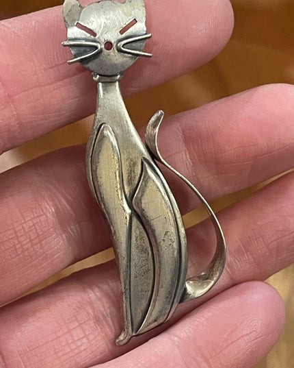Vintage Mid Century Beau Sterling antiqued brushed Kitty cat brooch
