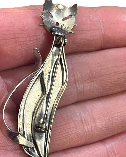 Vintage Mid Century Beau Sterling antiqued brushed Kitty cat brooch