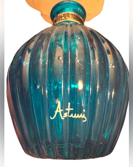 Elegant Blue Glass Perfume bottle with large Cream Flower Accent top