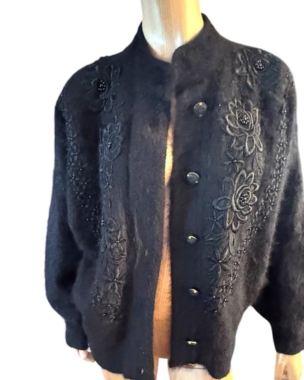 Elegant Vintage Unique Black Embroidered Women's Angora Rabbit Jacket cardigan