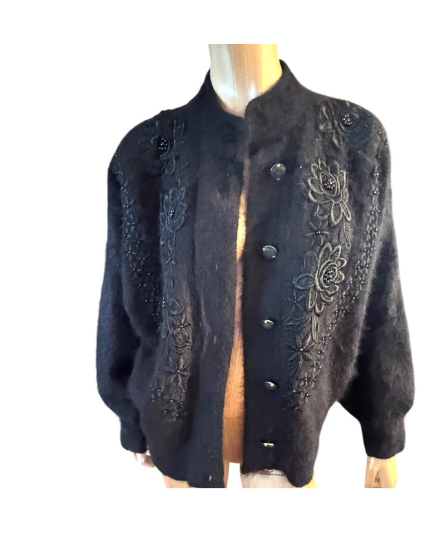 Elegant Vintage Unique Black Embroidered Women's Angora Rabbit Jacket cardigan