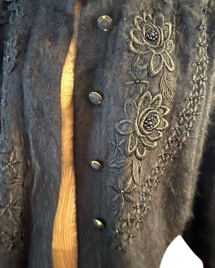 Elegant Vintage Unique Black Embroidered Women's Angora Rabbit Jacket cardigan