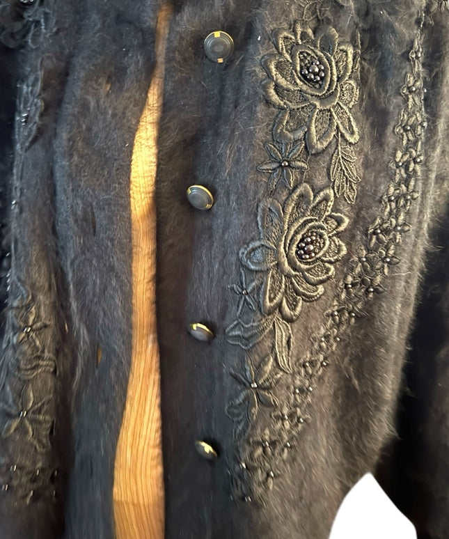 Elegant Vintage Unique Black Embroidered Women's Angora Rabbit Jacket cardigan
