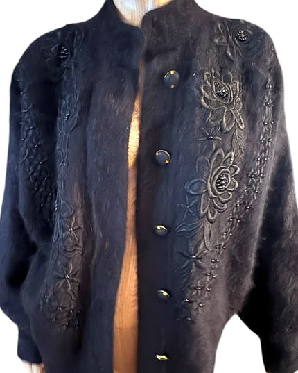 Elegant Vintage Unique Black Embroidered Women's Angora Rabbit Jacket cardigan